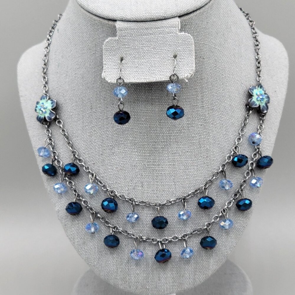 Silver Tone Two Strand Necklace Blue Faceted AB Beads Matching Dangle Earrings